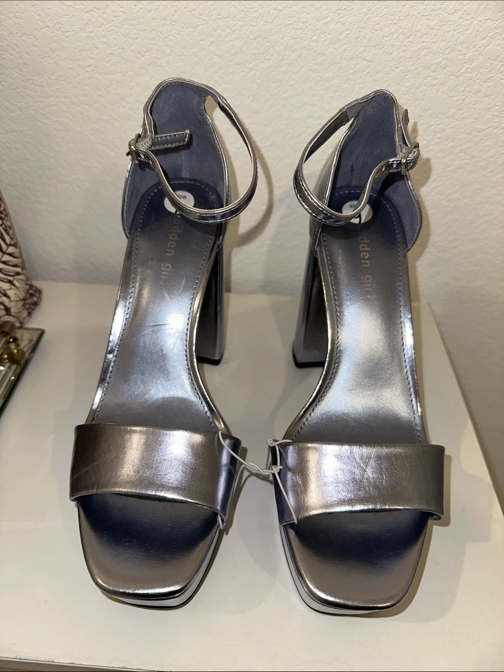 Metallic Soft Lilac Block Heel Sandals with Ankle Strap - Women